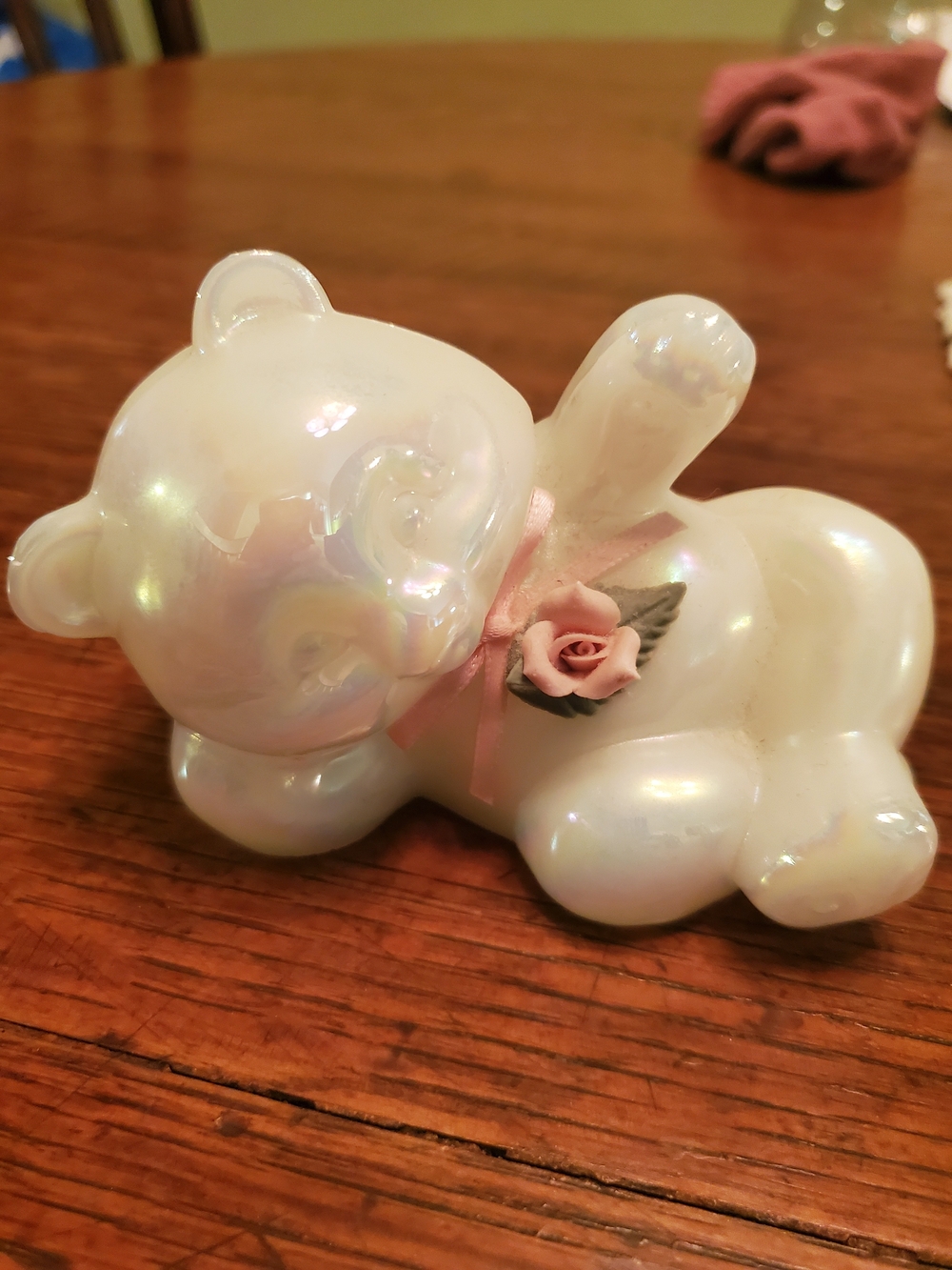 Vintage Fenton Pearlescent White Glass Bear with Pink Rose